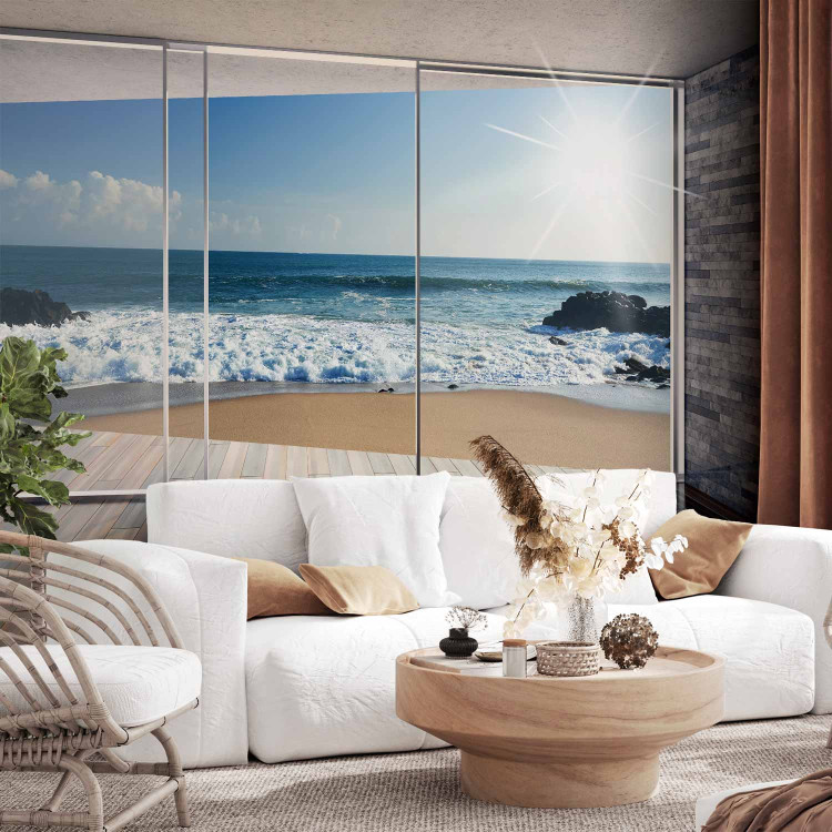Photo Wallpaper Beach house - landscape with window view of blue sky and sea 64121