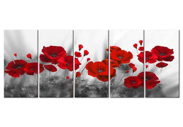 Canvas Scarlet Poppies (5-piece) - Romantic Flowers with Bold Coloring 98621