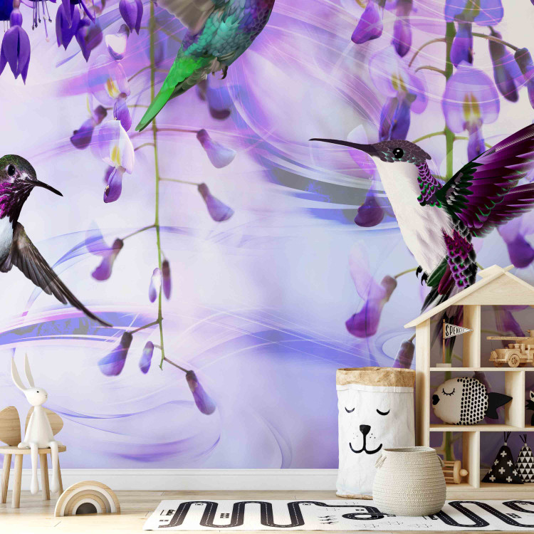 Wall Mural Flying hummingbirds - flying birds motif among flowers in purple 108031 additionalImage 6