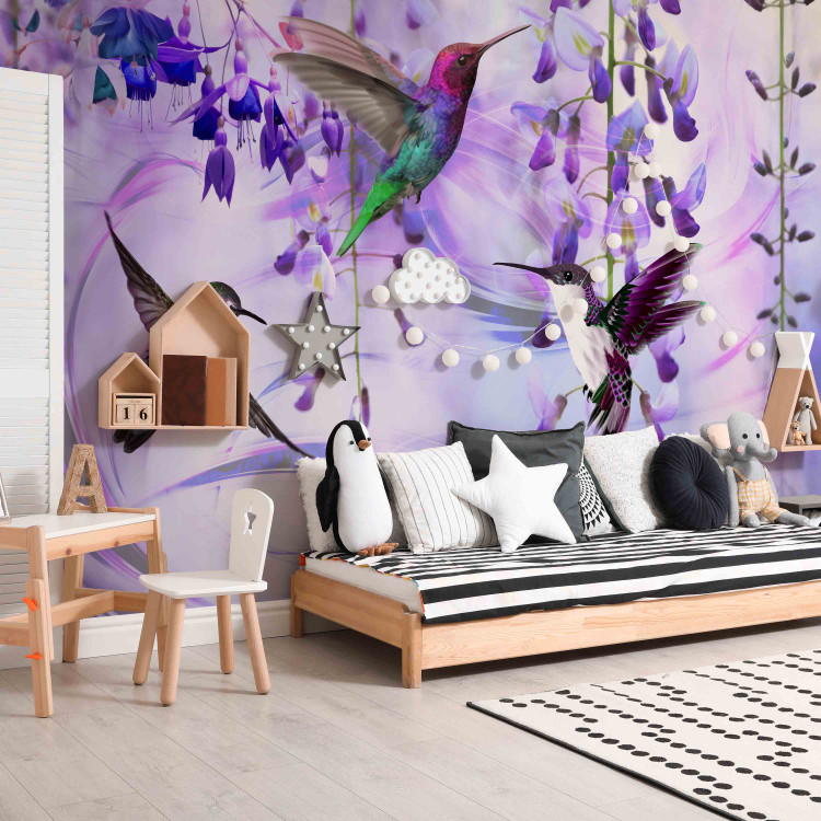 Wall Mural Flying hummingbirds - flying birds motif among flowers in purple 108031 additionalImage 5