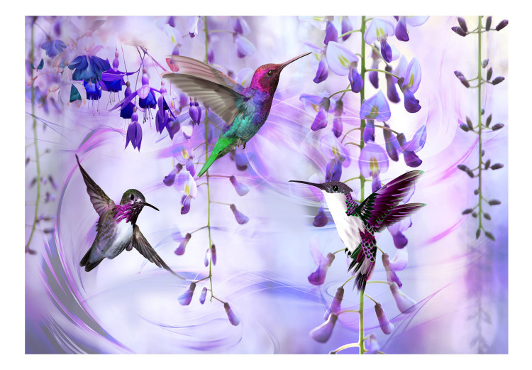Wall Mural Flying hummingbirds - flying birds motif among flowers in purple 108031 additionalImage 1