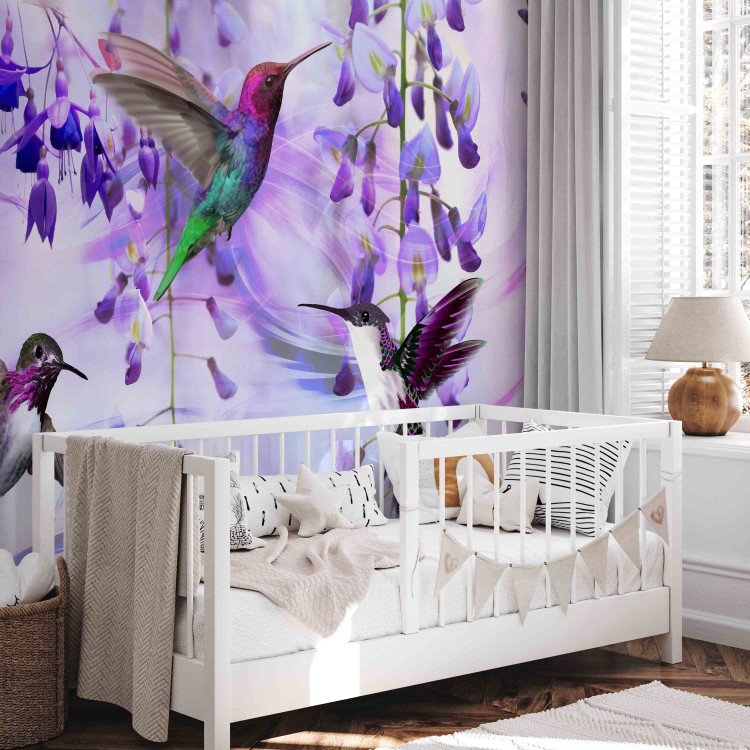 Wall Mural Flying hummingbirds - flying birds motif among flowers in purple 108031 additionalImage 4
