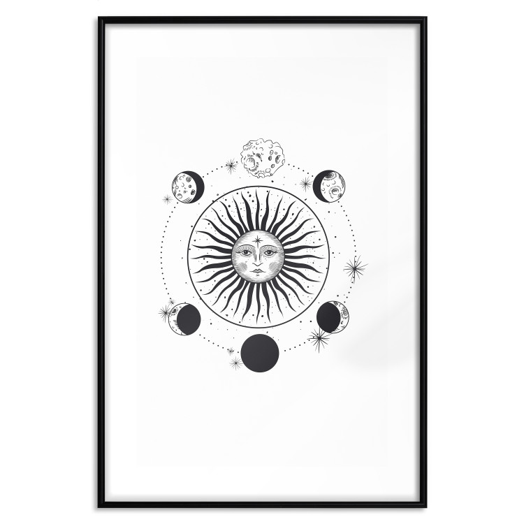 Wall Poster Moon Phases - black and white composition with the sun with a human face 117031 additionalImage 17