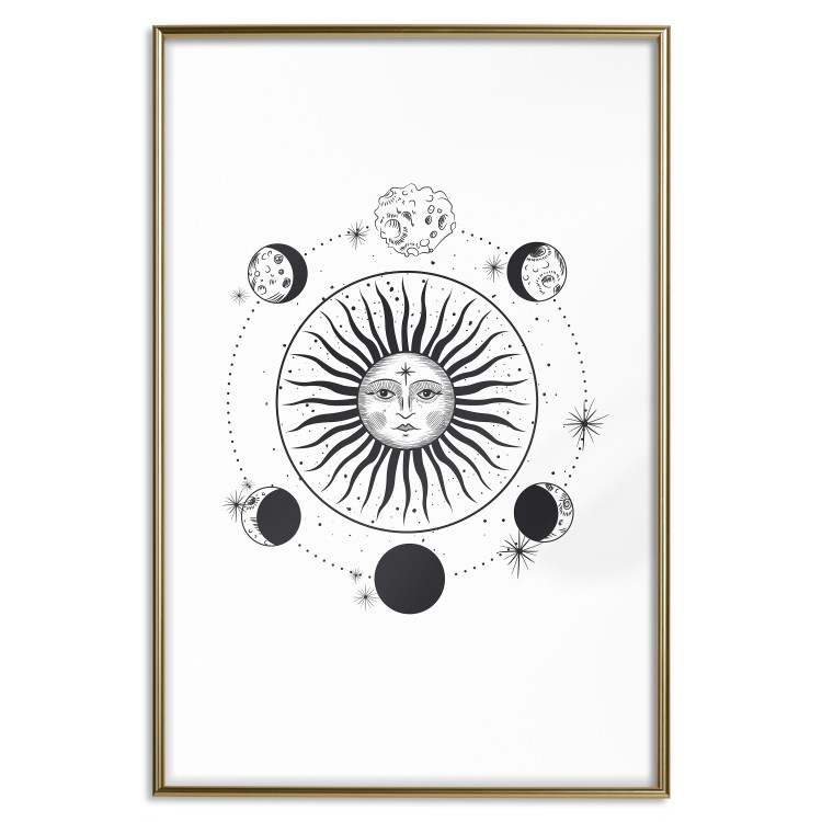 Wall Poster Moon Phases - black and white composition with the sun with a human face 117031 additionalImage 20