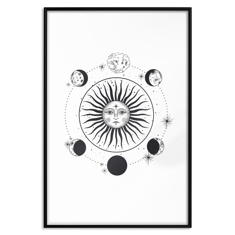 Wall Poster Moon Phases - black and white composition with the sun with a human face 117031 additionalImage 24