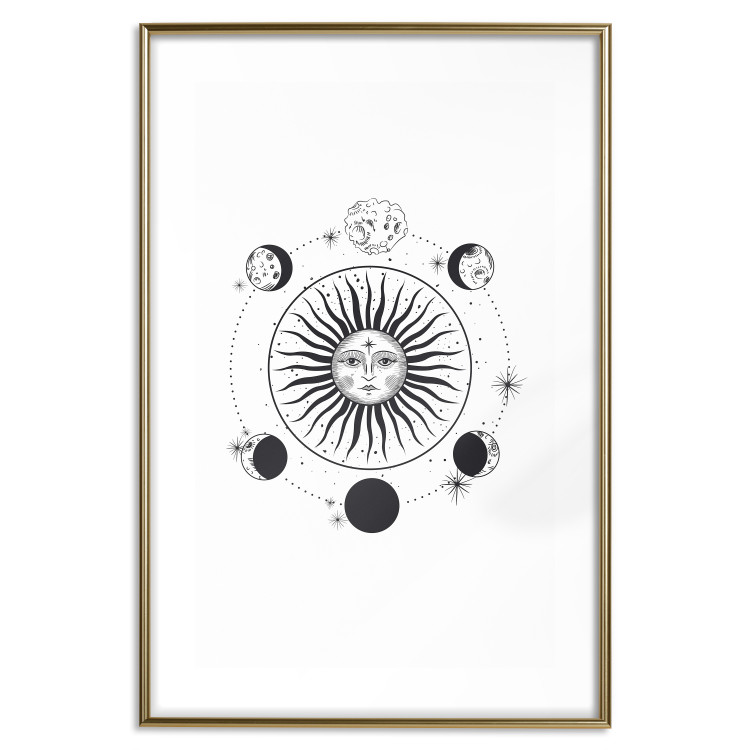Wall Poster Moon Phases - black and white composition with the sun with a human face 117031 additionalImage 14