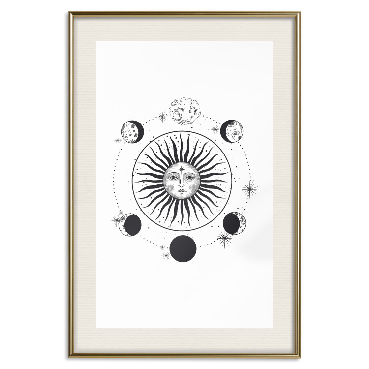Wall Poster Moon Phases - black and white composition with the sun with a human face 117031 additionalImage 19