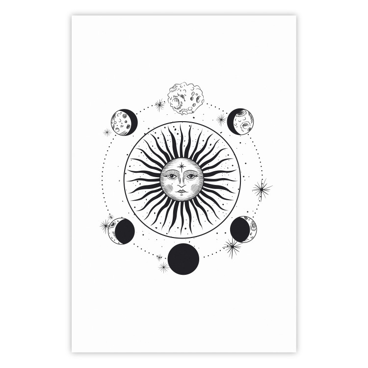 Wall Poster Moon Phases - black and white composition with the sun with a human face 117031