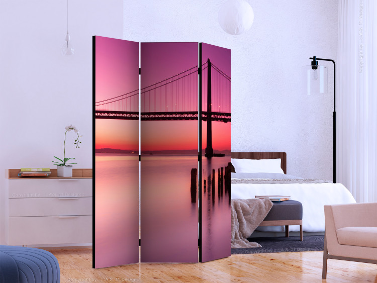 Folding Screen Purple Evening (3-piece) - picturesque sunset over a bridge 124131 additionalImage 2