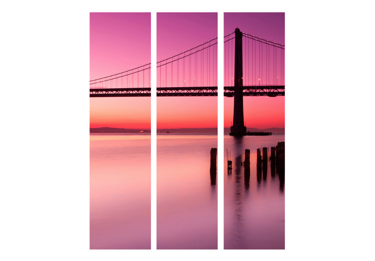 Folding Screen Purple Evening (3-piece) - picturesque sunset over a bridge 124131 additionalImage 3