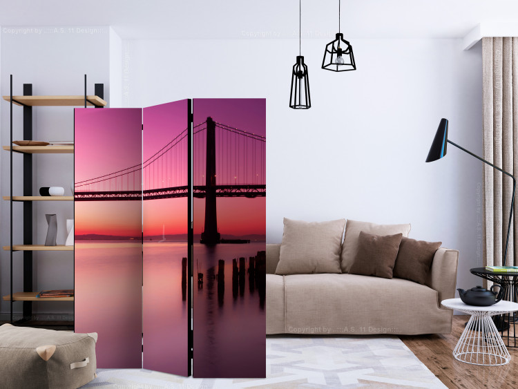 Folding Screen Purple Evening (3-piece) - picturesque sunset over a bridge 124131 additionalImage 4