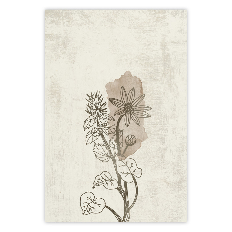 Poster Nature Outline - flower with leaves on a light beige background in a retro motif 125731