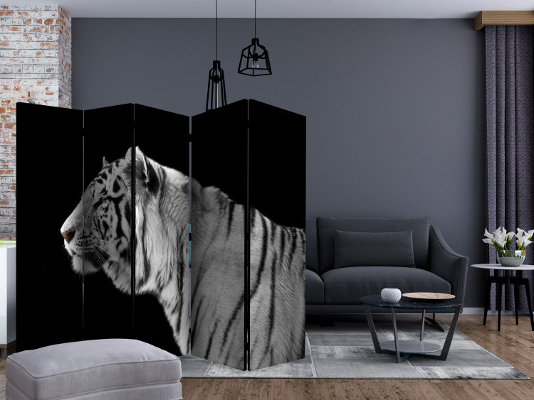 Room Separator White Tiger II (5-piece) - black and white composition with a wild cat 133331 additionalImage 4