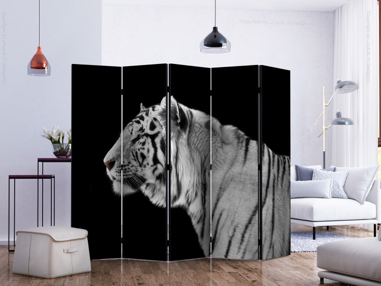 Room Separator White Tiger II (5-piece) - black and white composition with a wild cat 133331 additionalImage 2