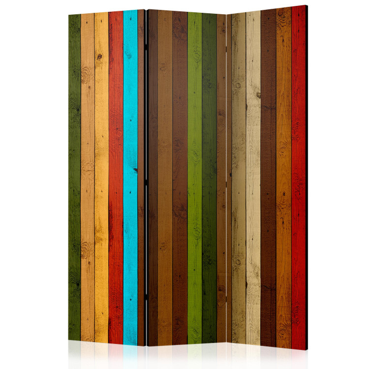 Room Separator Wooden Rainbow (3-piece) - composition with colorful stripes on planks 133431