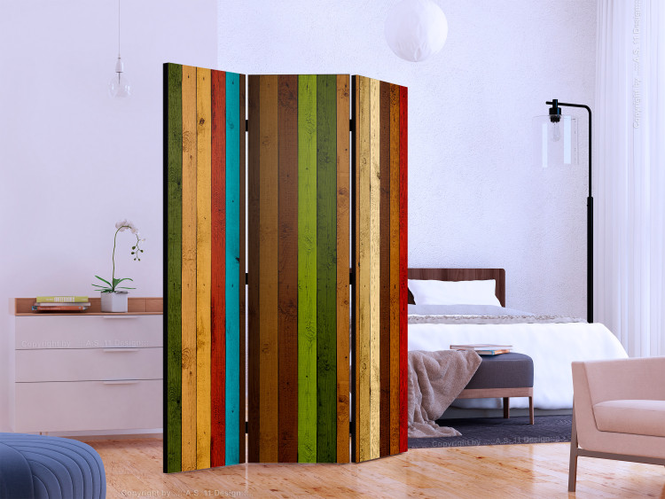 Room Separator Wooden Rainbow (3-piece) - composition with colorful stripes on planks 133431 additionalImage 2