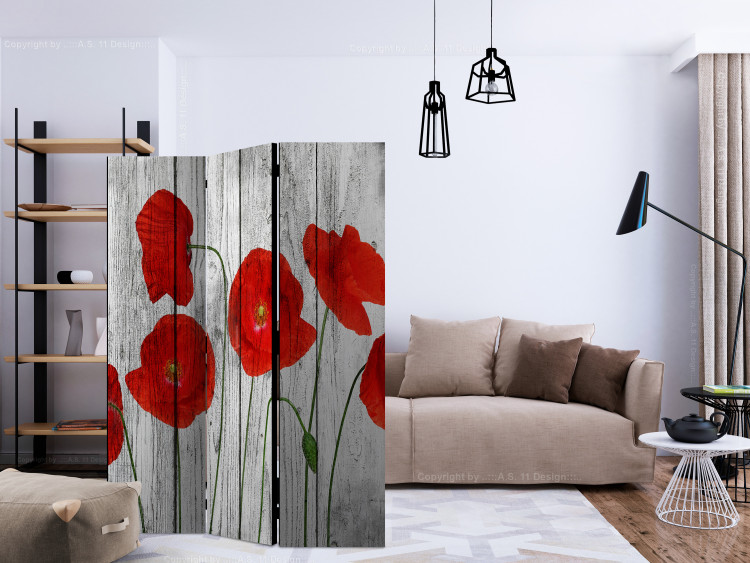Folding Screen Tale of Red Poppies (3-piece) - field flowers on wood 133531 additionalImage 4