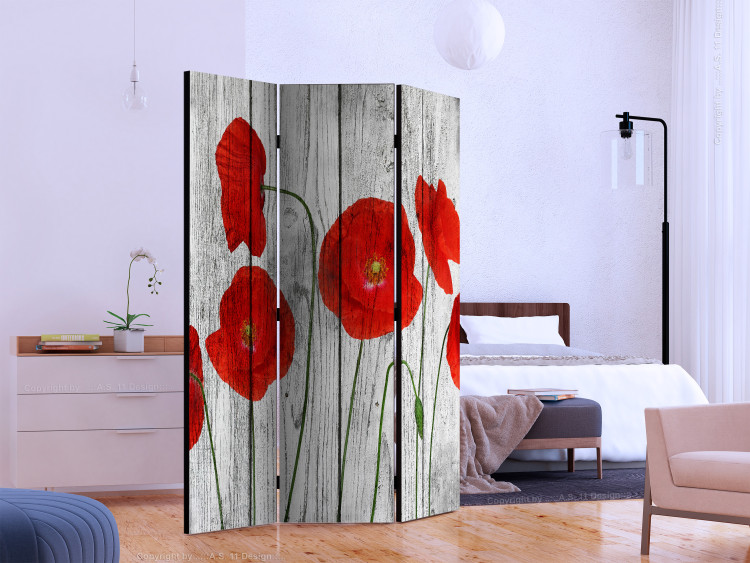 Folding Screen Tale of Red Poppies (3-piece) - field flowers on wood 133531 additionalImage 2