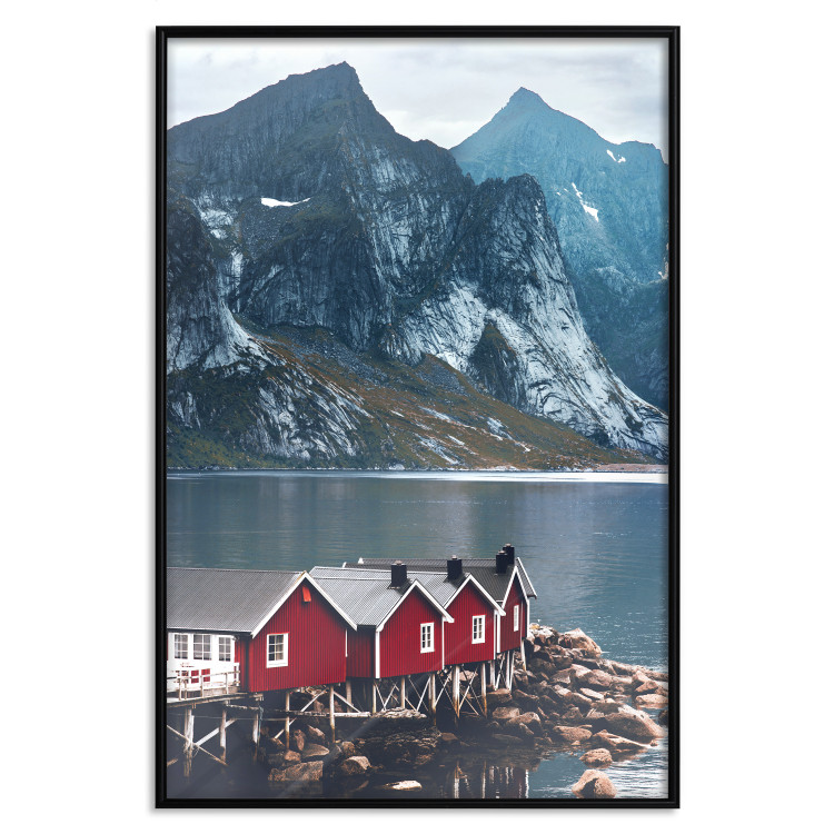 Wall Poster Soothing Blue - landscape of a red cottage and lake against mountains 138731 additionalImage 14