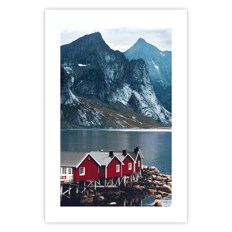 Wall Poster Soothing Blue - landscape of a red cottage and lake against mountains 138731 additionalImage 20