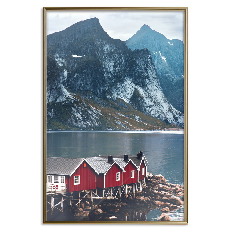 Wall Poster Soothing Blue - landscape of a red cottage and lake against mountains 138731 additionalImage 18