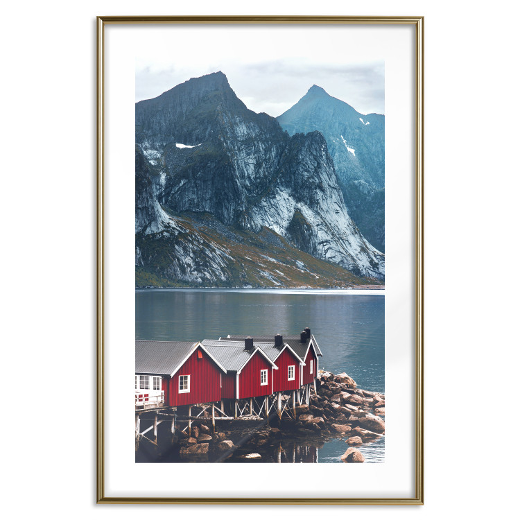 Wall Poster Soothing Blue - landscape of a red cottage and lake against mountains 138731 additionalImage 17