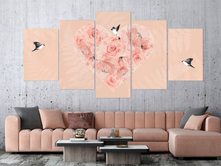 Canvas Print Rose Heart (5-piece) Wide - flowers and birds on a pink background 142331 additionalImage 3