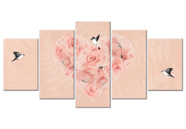 Canvas Print Rose Heart (5-piece) Wide - flowers and birds on a pink background 142331