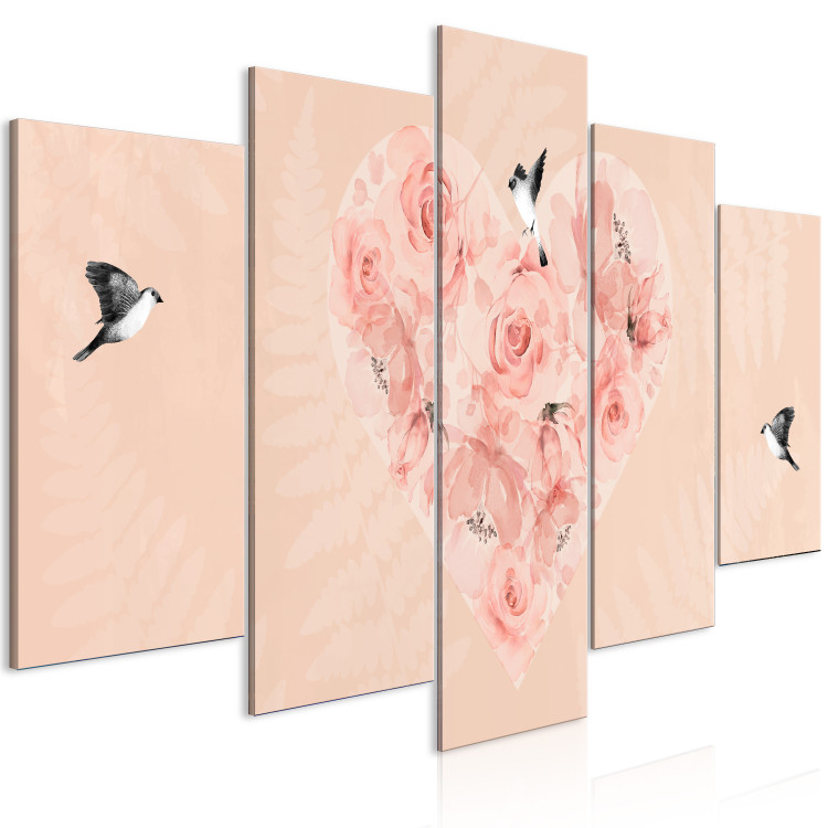 Canvas Print Rose Heart (5-piece) Wide - flowers and birds on a pink background 142331 additionalImage 2