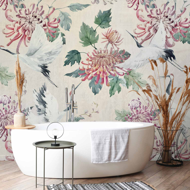 Photo Wallpaper Oriental composition - crane birds motif with flowers and leaves with background 142431 additionalImage 8
