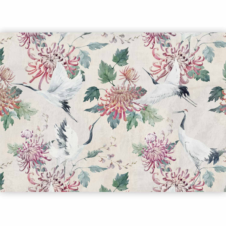 Photo Wallpaper Oriental composition - crane birds motif with flowers and leaves with background 142431 additionalImage 1