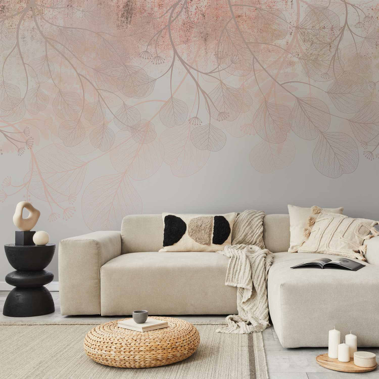 Photo Wallpaper Delicate boho - landscape with composition of flowers and leaves in shades of pink 143731