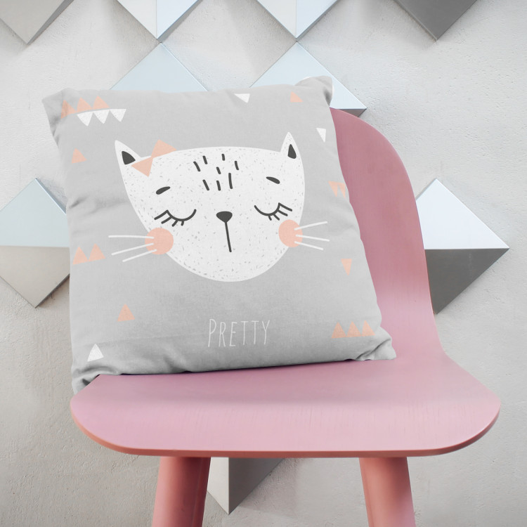 Decorative Microfiber Pillow Beauty of a cat - white and ash-grey design with the caption 'Pretty' cushions 147031 additionalImage 3