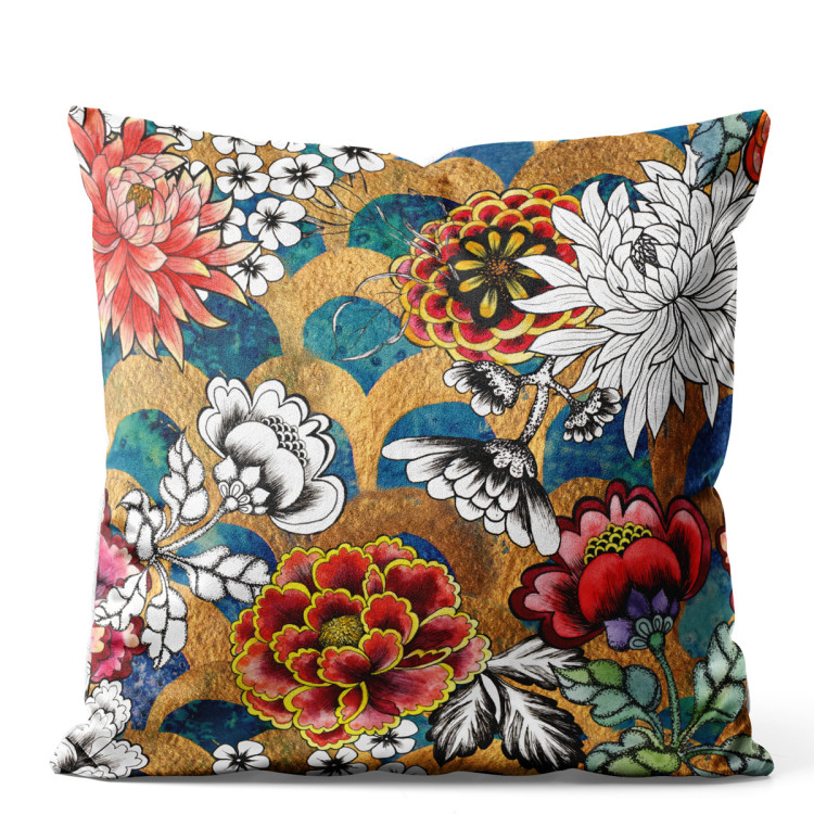 Decorative Velor Pillow Oriental garden - graphic style dahlia flowers on abstract background 147131