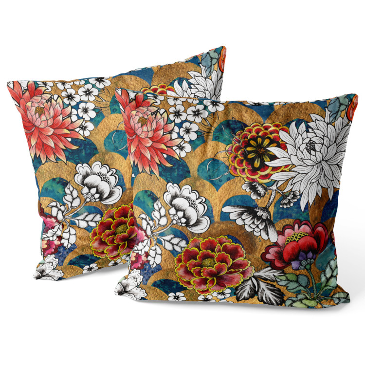 Decorative Velor Pillow Oriental garden - graphic style dahlia flowers on abstract background 147131 additionalImage 2