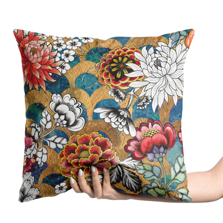 Decorative Velor Pillow Oriental garden - graphic style dahlia flowers on abstract background 147131 additionalImage 3