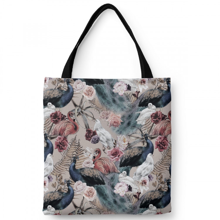 Shopping Bag Courtyard beauty - ferns, roses and exotic birds on a beige background 147431