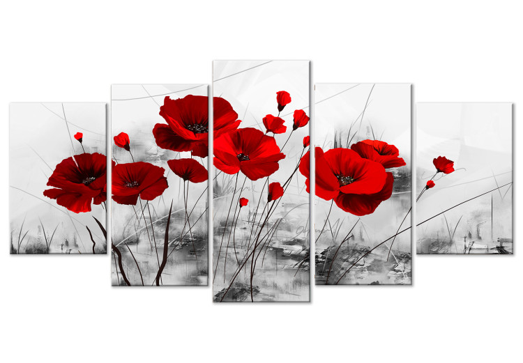 Canvas Red Petals (5-piece) - scarlet poppies on a faded meadow 149631