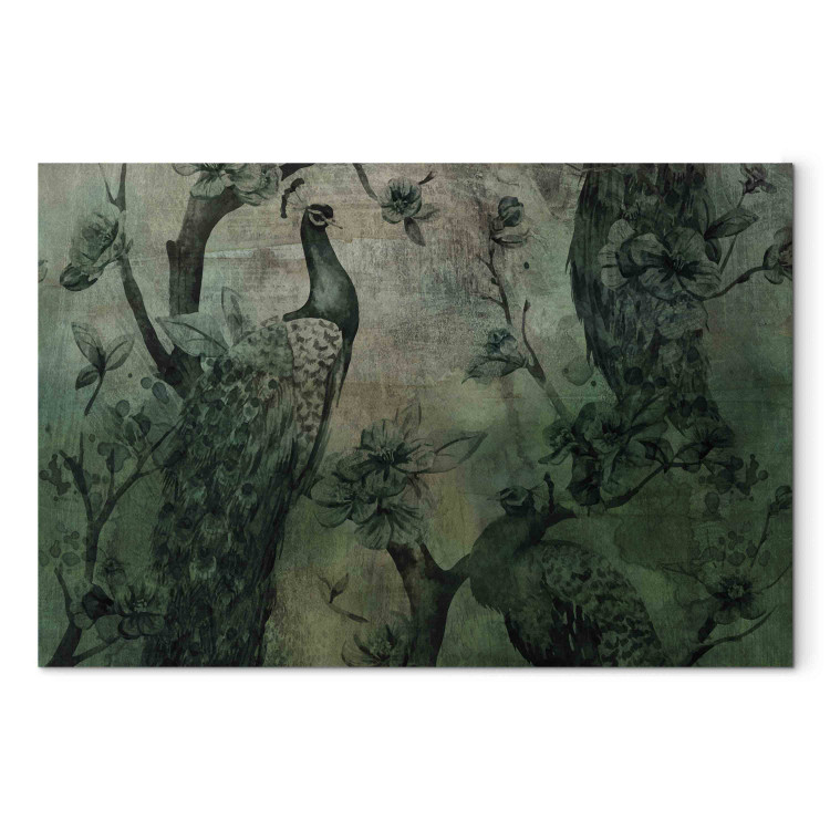 Canvas Art Print Dark Green Peacocks - Vintage Composition With Birds and Flowers 151231