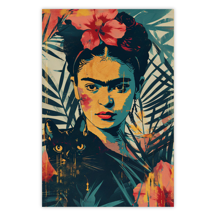 Poster Tropical Frida - A Portrait of the Painter Holding a Black Cat 152231