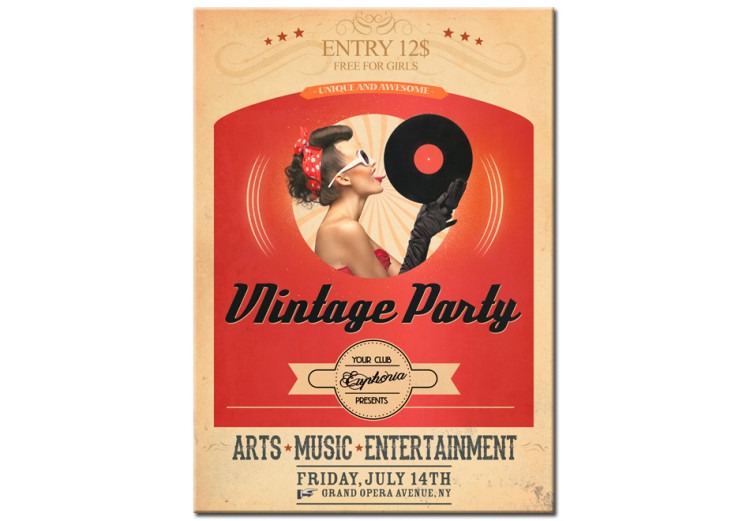 Canvas Vintage Party (1-part) - retro writings and woman in pin-up style 55231