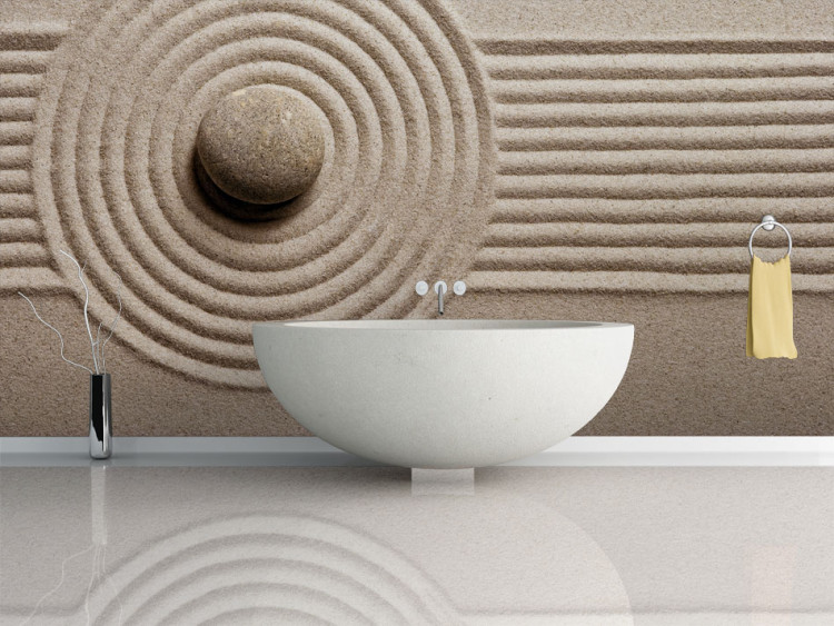 Photo Wallpaper Asian Feng Shui Culture - Bright motif with Zen stone on sand in a geometric pattern 61431