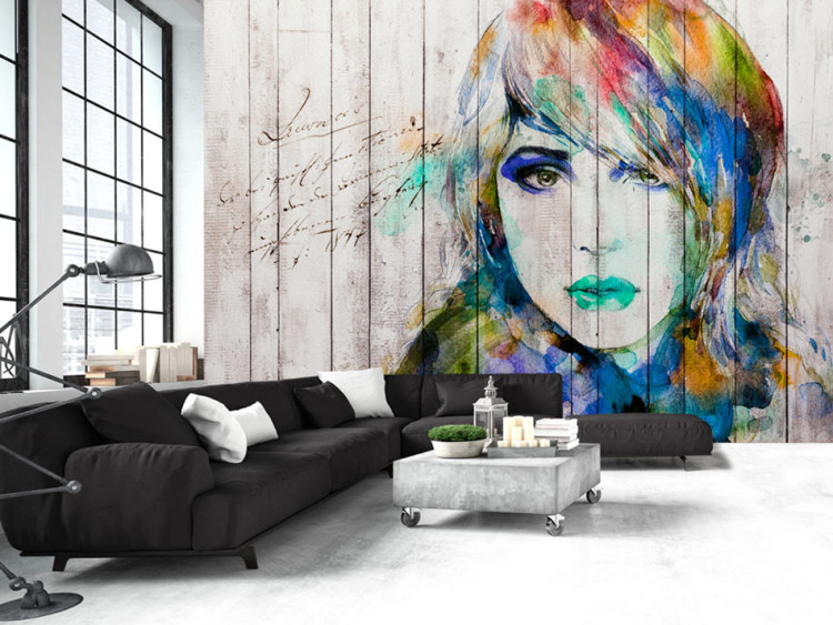 Photo Wallpaper Portrait of a female face - watercolour in cool tones and white wood 64531