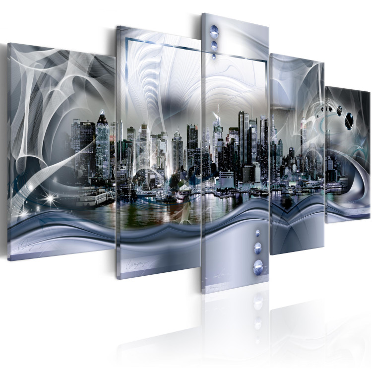 Canvas Art Print New York: Blue Abstraction (5-piece) - Panorama of a Big City 98231 additionalImage 2
