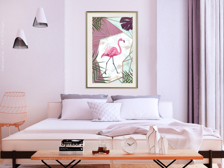 Poster Flamingo Stroll - geometric abstraction with a pink bird and leaves 114441 additionalImage 17