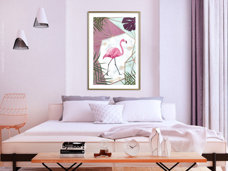 Poster Flamingo Stroll - geometric abstraction with a pink bird and leaves 114441 additionalImage 15