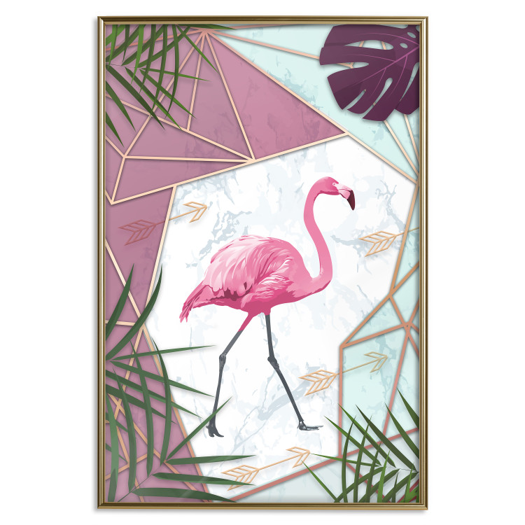 Poster Flamingo Stroll - geometric abstraction with a pink bird and leaves 114441 additionalImage 19
