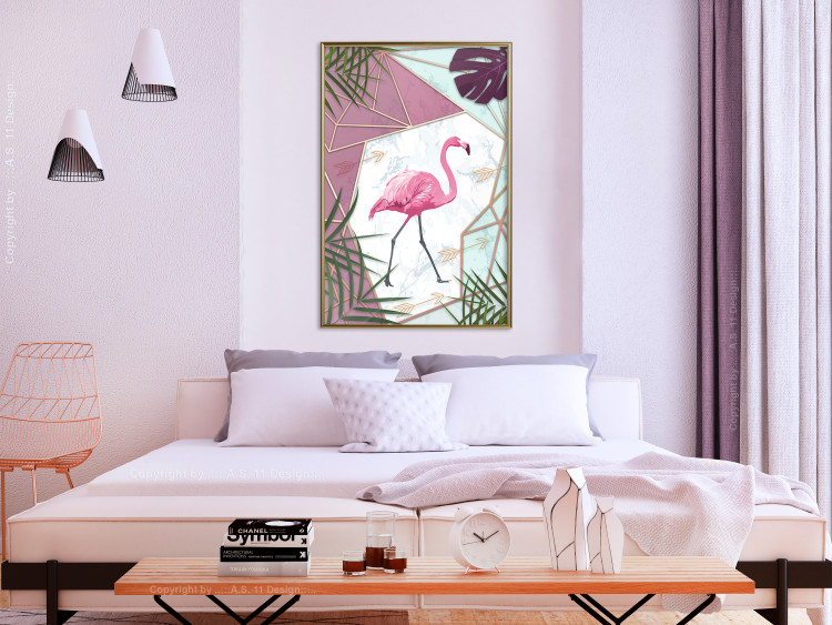 Poster Flamingo Stroll - geometric abstraction with a pink bird and leaves 114441 additionalImage 7