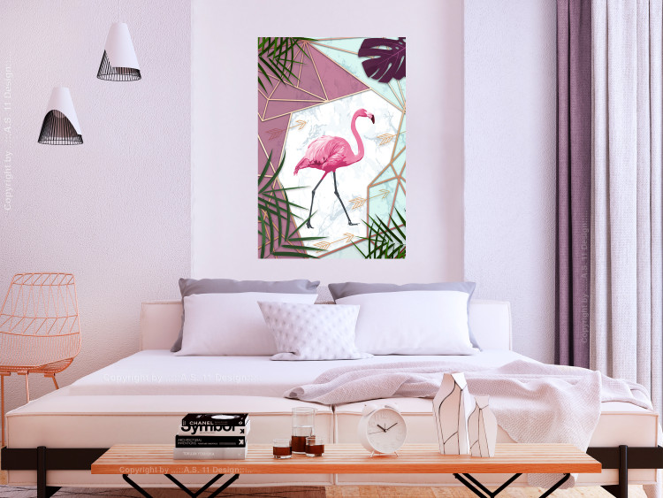 Poster Flamingo Stroll - geometric abstraction with a pink bird and leaves 114441 additionalImage 14