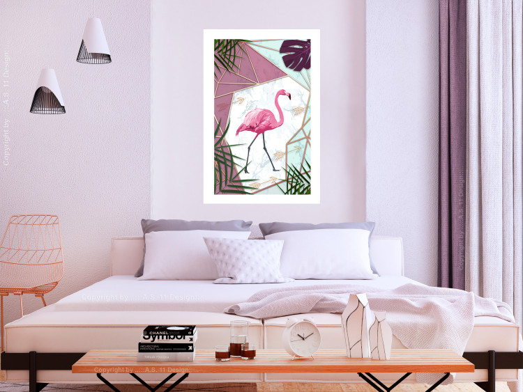 Poster Flamingo Stroll - geometric abstraction with a pink bird and leaves 114441 additionalImage 2